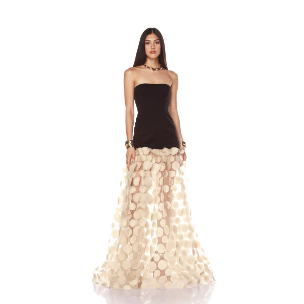 Bronx and Banco Black Harper Strapless Black and Beige Gown  a harmonious blend of structured elegance and timeless sophistication