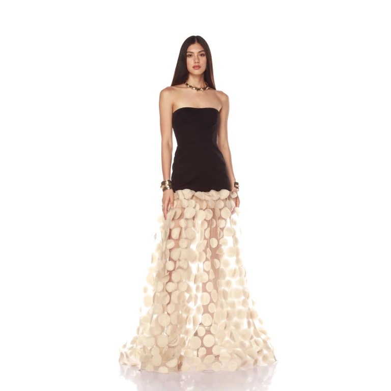 Bronx and Banco Black Harper Strapless Black and Beige Gown  a harmonious blend of structured elegance and timeless sophistication