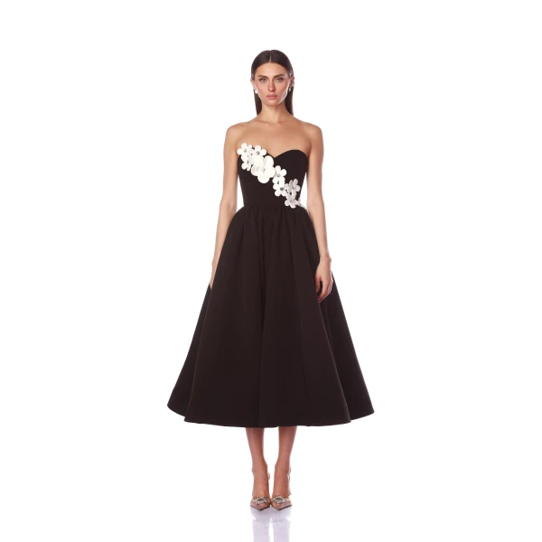 Bronx and Banco Black Inara Black & White Midi Dress  a harmonious blend of structured elegance and timeless sophistication.