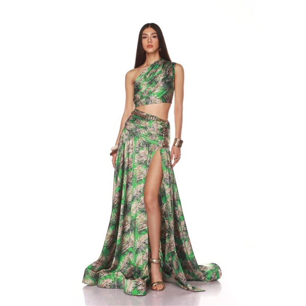 Bronx and Banco Green Jafari Havana Gown  a harmonious blend of structured elegance and timeless sophistication.