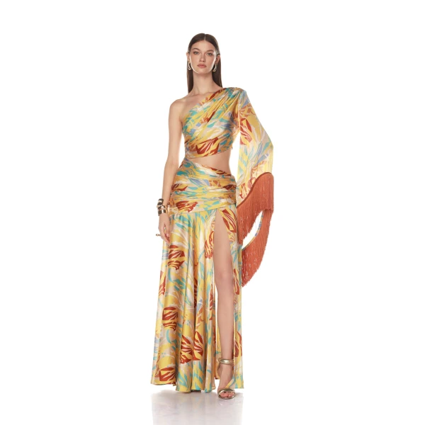 Bronx and Banco Multicolour Jafari Isla Fringe One Sleeve Gown  a harmonious blend of structured elegance and timeless sophistication.