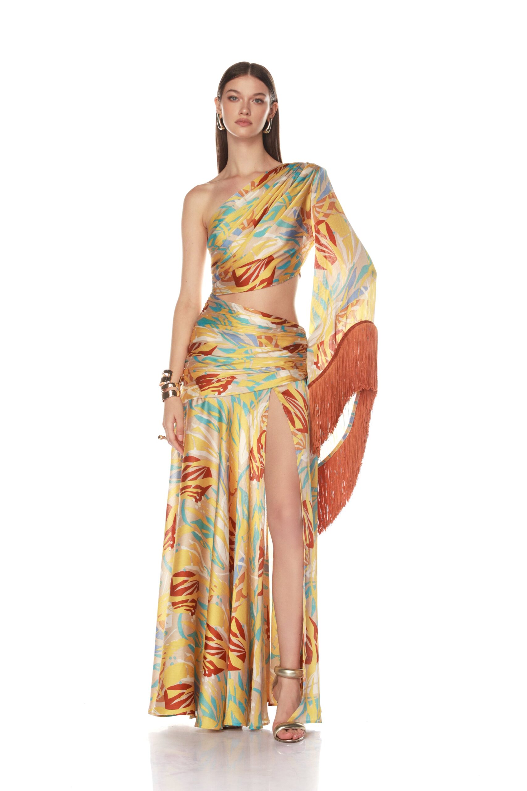 Bronx and Banco Multicolour Jafari Isla Fringe One Sleeve Gown  a harmonious blend of structured elegance and timeless sophistication