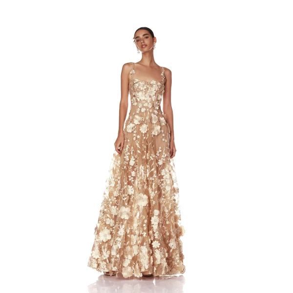 Bronx and Banco Gold Jasmine Gold Gown  a harmonious blend of structured elegance and timeless sophistication.
