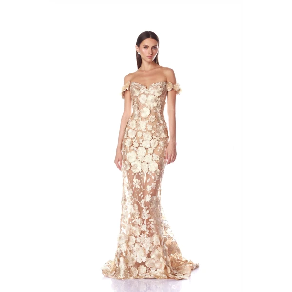 Bronx and Banco Gold Jasmine Gold Off Shoulder Gown  a harmonious blend of structured elegance and timeless sophistication.