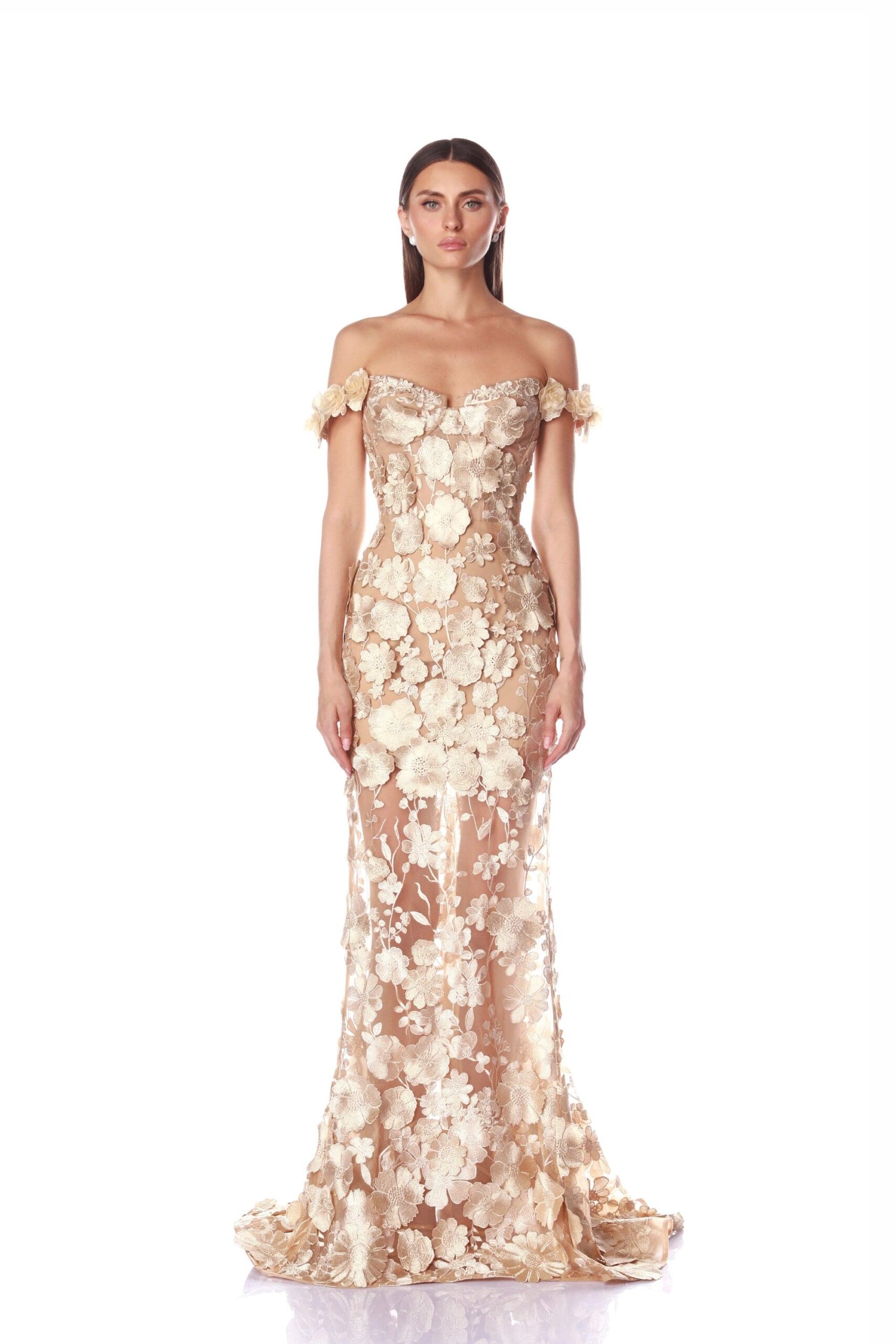 Bronx and Banco Jasmine Gold Off Shoulder Gown Bronx and Banco Gold Jasmine Gold Off Shoulder Gown a harmonious blend of structured elegance and timeless sophistication