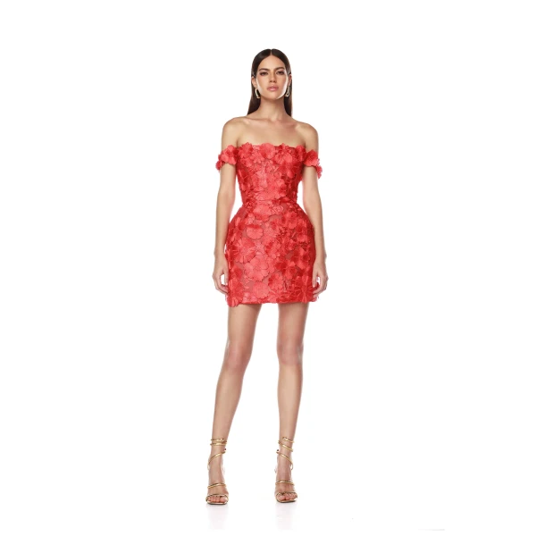 Bronx and Banco Red Jasmine Maraya Off The Shoulder Red Mini Dress  a harmonious blend of structured elegance and timeless sophistication.