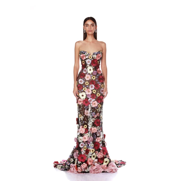 Bronx and Banco Multicolour Jasmine Multi Floral Strapless Gown  a harmonious blend of structured elegance and timeless sophistication.