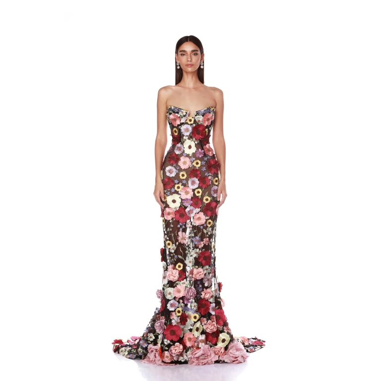 Bronx and Banco Multicolour Jasmine Multi Floral Strapless Gown  a harmonious blend of structured elegance and timeless sophistication