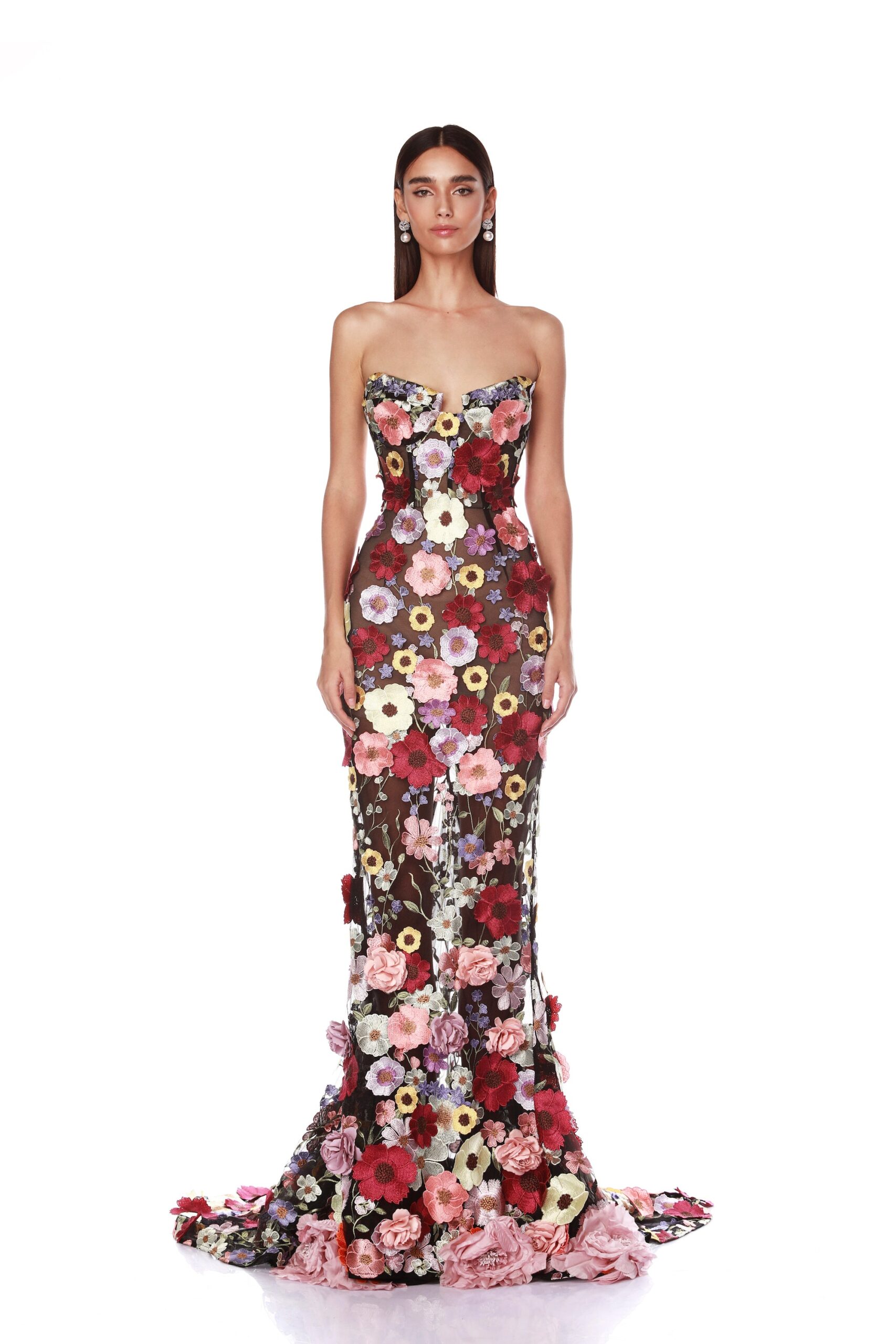 Bronx and Banco Multicolour Jasmine Multi Floral Strapless Gown  a harmonious blend of structured elegance and timeless sophistication