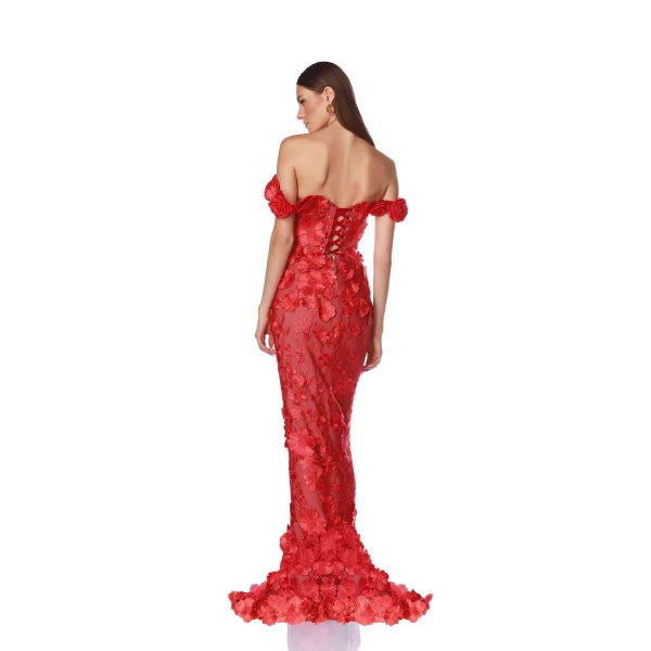Bronx and Banco Red Jasmine Red Off Shoulder Gown  a harmonious blend of structured elegance and timeless sophistication.