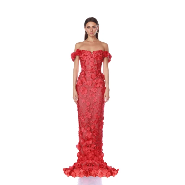 Bronx and Banco Red Jasmine Red Off Shoulder Gown  a harmonious blend of structured elegance and timeless sophistication