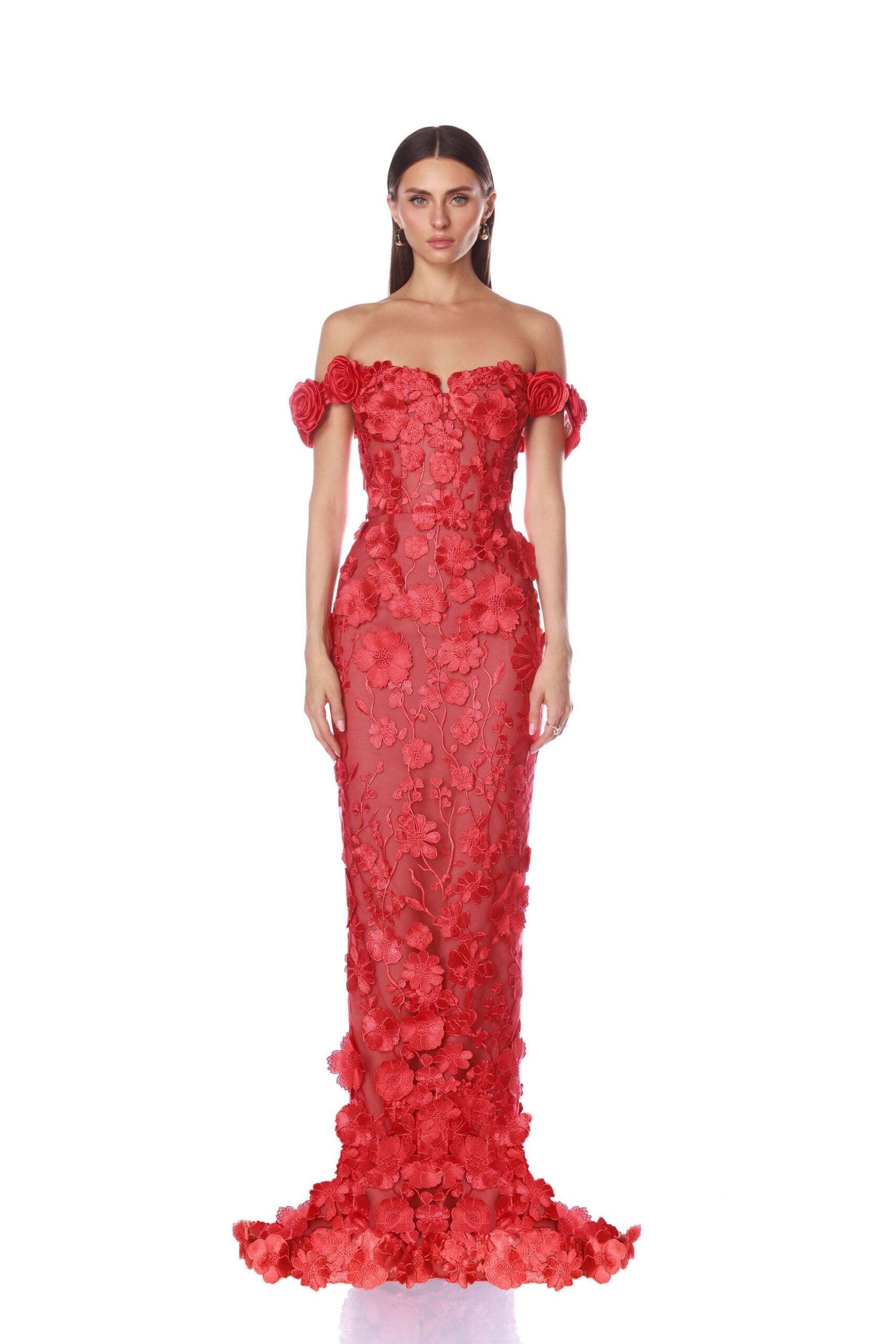 Bronx and Banco Red Jasmine Red Off Shoulder Gown  a harmonious blend of structured elegance and timeless sophistication