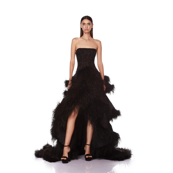 Bronx and Banco Black Louisa Noir Strapless Feather Gown  a harmonious blend of structured elegance and timeless sophistication.