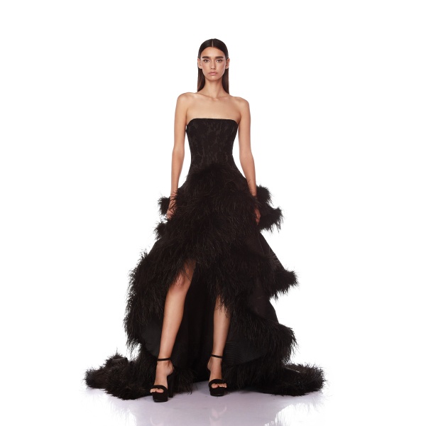 Bronx and Banco Black Louisa Noir Strapless Feather Gown  a harmonious blend of structured elegance and timeless sophistication