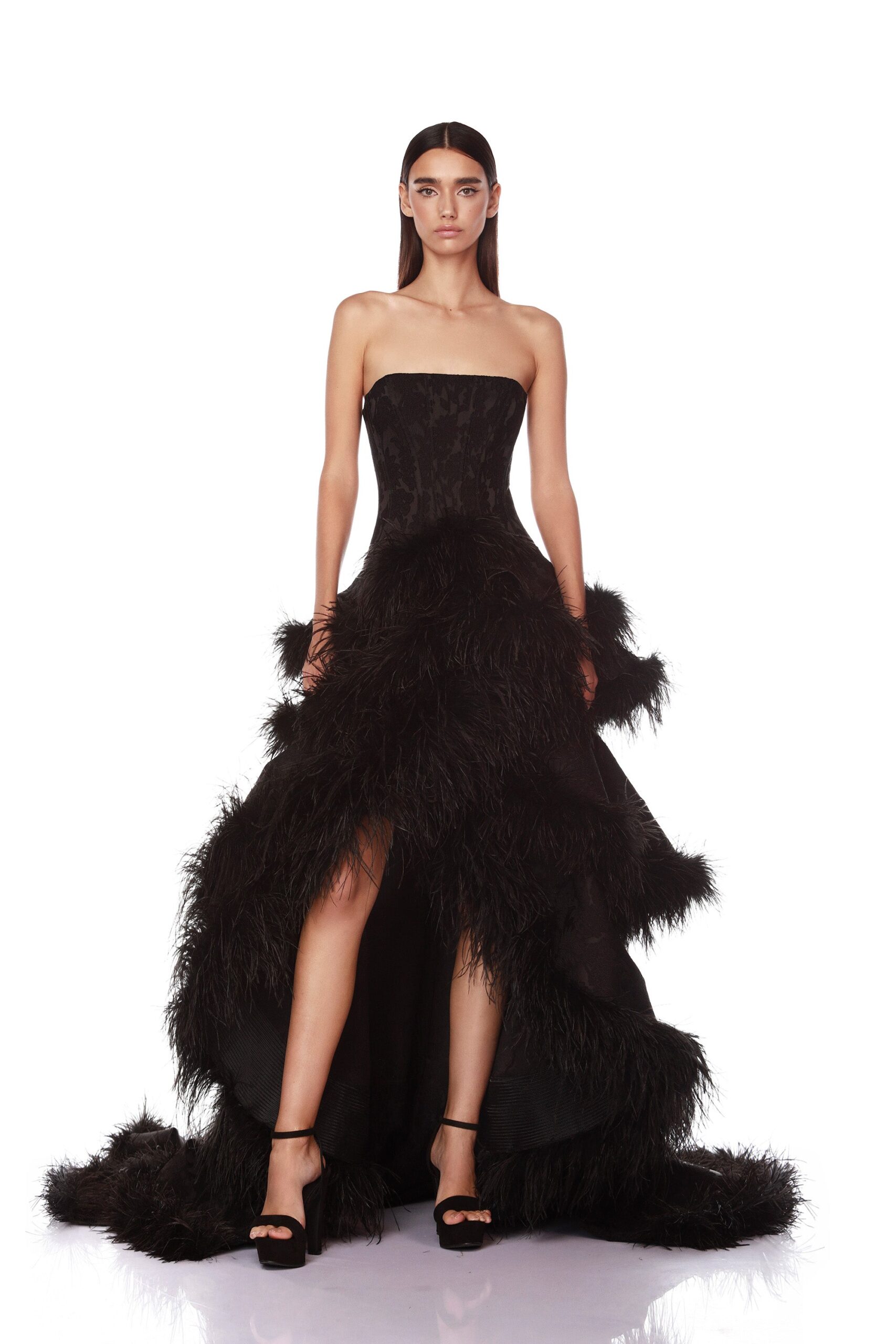 Bronx and Banco Louisa Noir Strapless Feather Gown Bronx and Banco Black Louisa Noir Strapless Feather Gown a harmonious blend of structured elegance and timeless sophistication