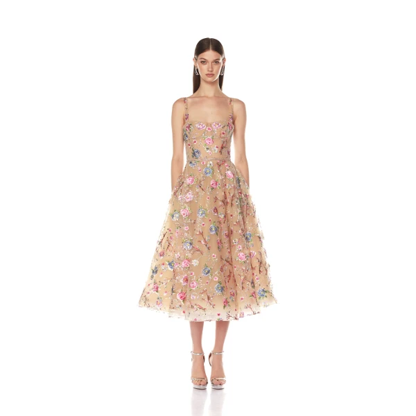 Bronx and Banco Red Mademoiselle Embroidered Gold Floral Midi Dress  a harmonious blend of structured elegance and timeless sophistication