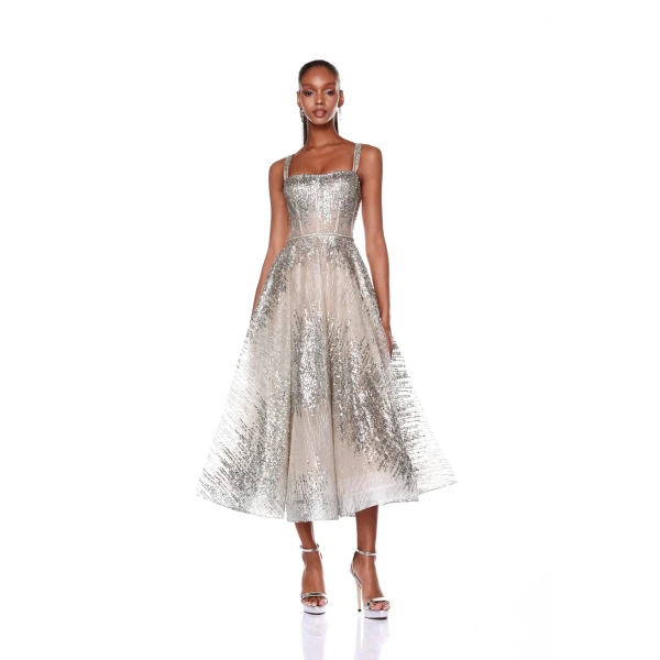 Bronx and Banco Silver Mademoiselle Silver Midi Dress  a harmonious blend of structured elegance and timeless sophistication.
