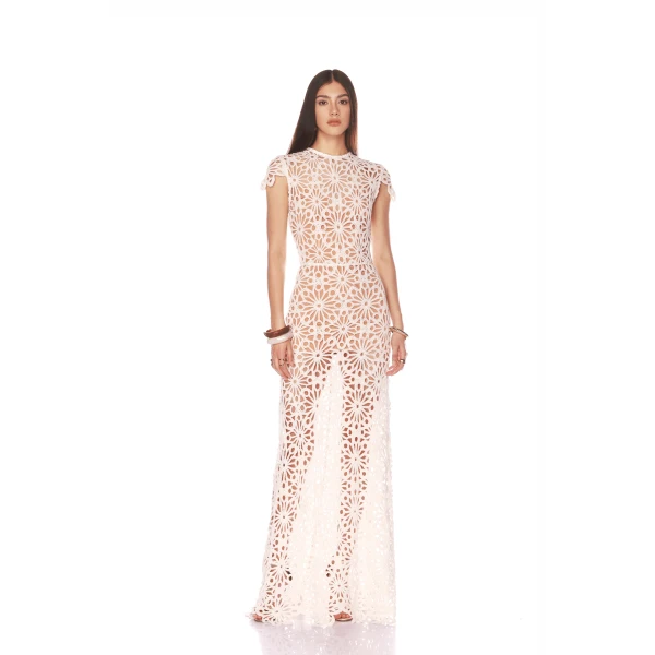 Bronx and Banco White Marley Cap Sleeve White Crochet Maxi Dress  a harmonious blend of structured elegance and timeless sophistication.