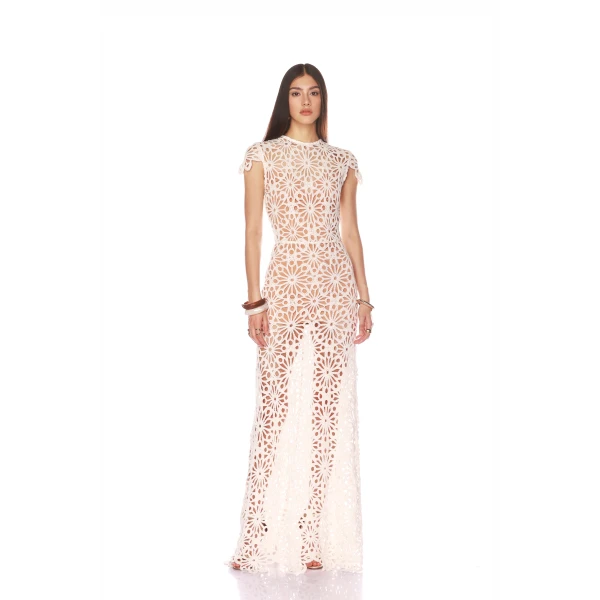 Bronx and Banco White Marley Cap Sleeve White Crochet Maxi Dress  a harmonious blend of structured elegance and timeless sophistication