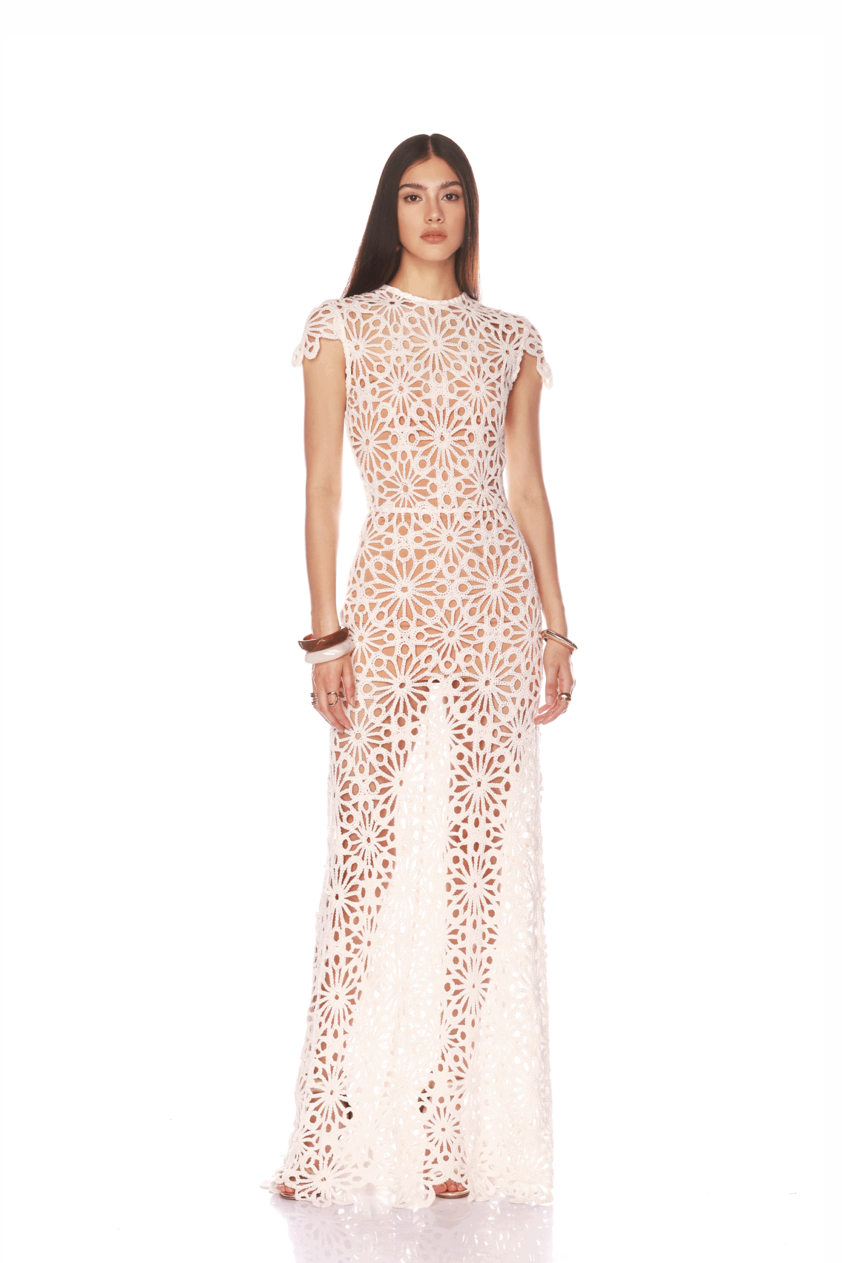 Bronx and Banco White Marley Cap Sleeve White Crochet Maxi Dress  a harmonious blend of structured elegance and timeless sophistication