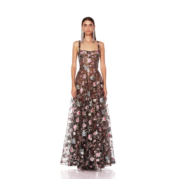 Bronx and Banco Red Midnight Embroidered Floral Gown  a harmonious blend of structured elegance and timeless sophistication