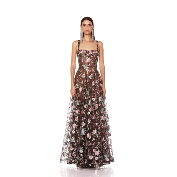 Bronx and Banco Red Midnight Embroidered Floral Gown  a harmonious blend of structured elegance and timeless sophistication