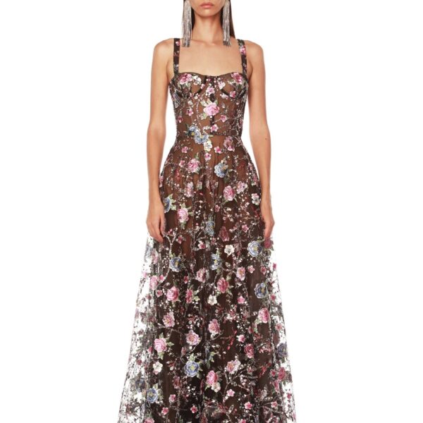 Bronx and Banco Midnight Embroidered Floral Gown