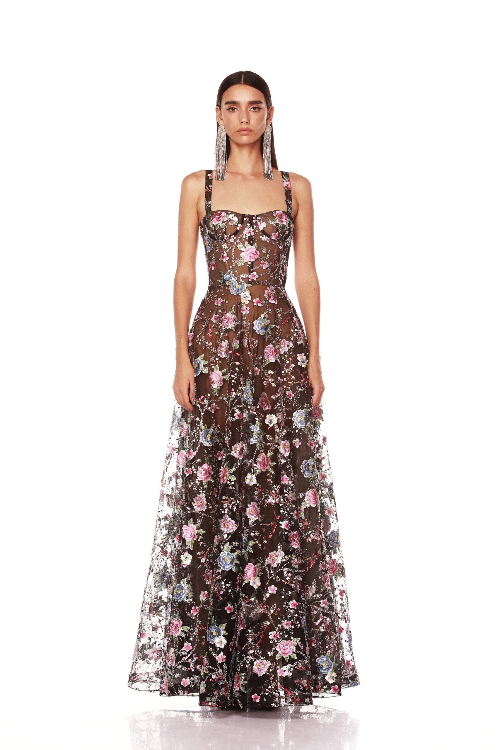 Bronx and Banco Midnight Embroidered Floral Gown Bronx and Banco Red Midnight Embroidered Floral Gown a harmonious blend of structured elegance and timeless sophistication