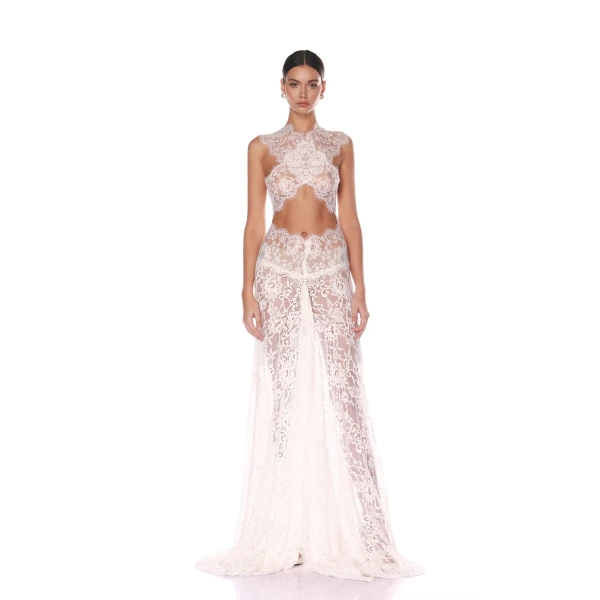 Bronx and Banco Ivory Naia Blanc Lace Gown  a harmonious blend of structured elegance and timeless sophistication.