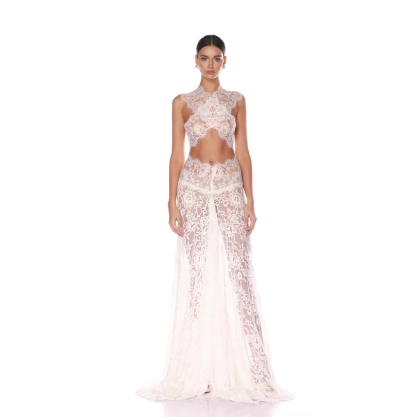 Bronx and Banco Ivory Naia Blanc Lace Gown  a harmonious blend of structured elegance and timeless sophistication