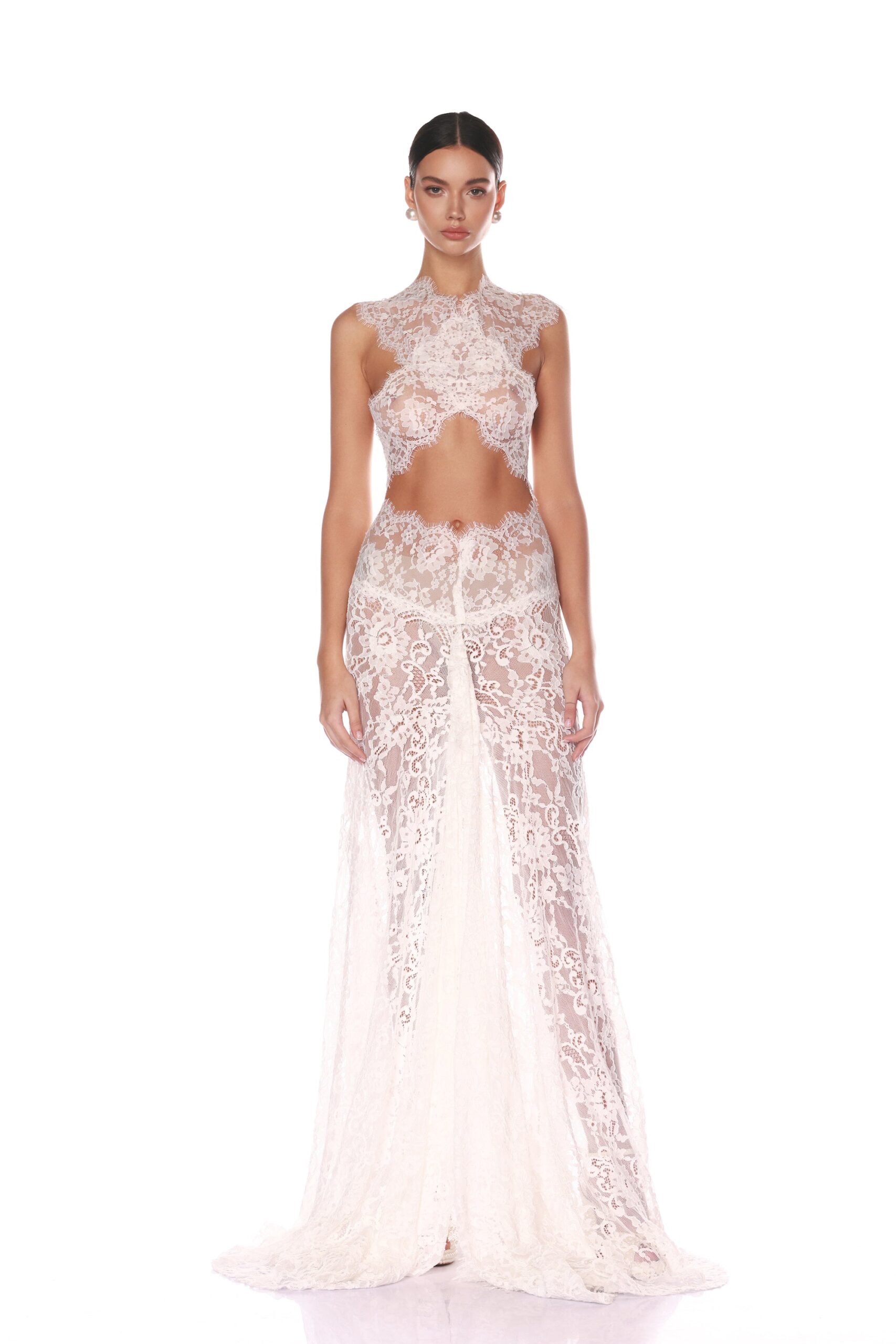 Bronx and Banco Ivory Naia Blanc Lace Gown  a harmonious blend of structured elegance and timeless sophistication