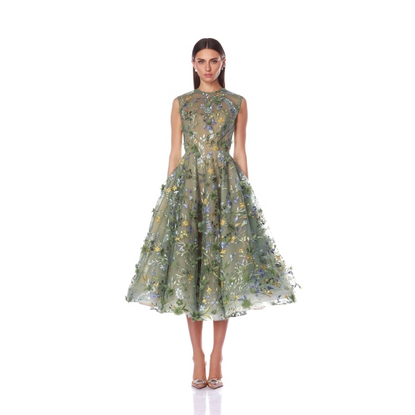 Bronx and Banco Green Saba Floral Green Midi Dress  a harmonious blend of structured elegance and timeless sophistication