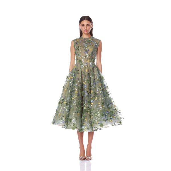 Bronx and Banco Green Saba Floral Green Midi Dress  a harmonious blend of structured elegance and timeless sophistication