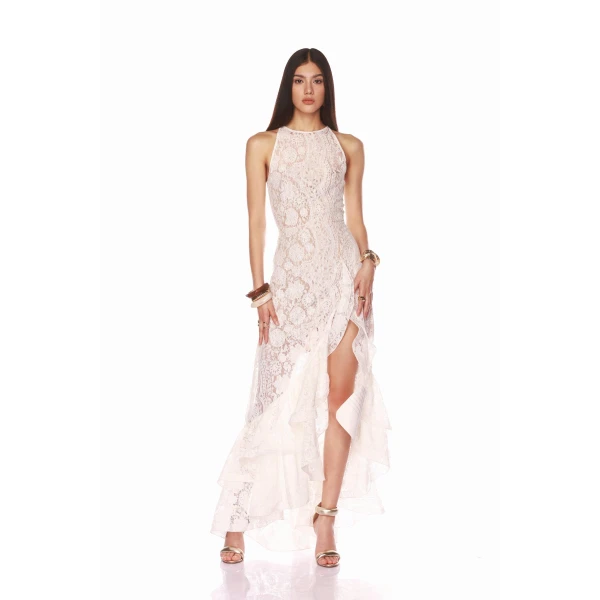 Bronx and Banco White Sicilia White Ruffle Dress  a harmonious blend of structured elegance and timeless sophistication.