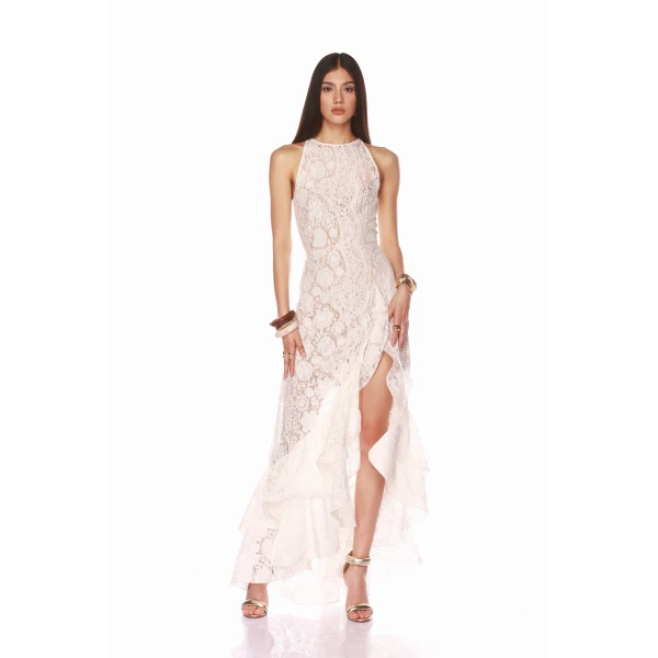 Bronx and Banco White Sicilia White Ruffle Dress  a harmonious blend of structured elegance and timeless sophistication
