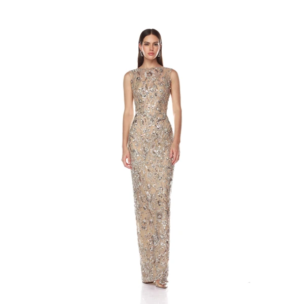 Bronx and Banco Silver Violet Silver Maxi Dress  a harmonious blend of structured elegance and timeless sophistication.