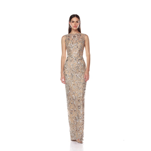 Bronx and Banco Silver Violet Silver Maxi Dress  a harmonious blend of structured elegance and timeless sophistication