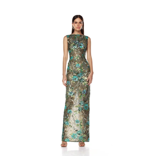 Bronx and Banco Green Violet Teal Maxi Dress  a harmonious blend of structured elegance and timeless sophistication.