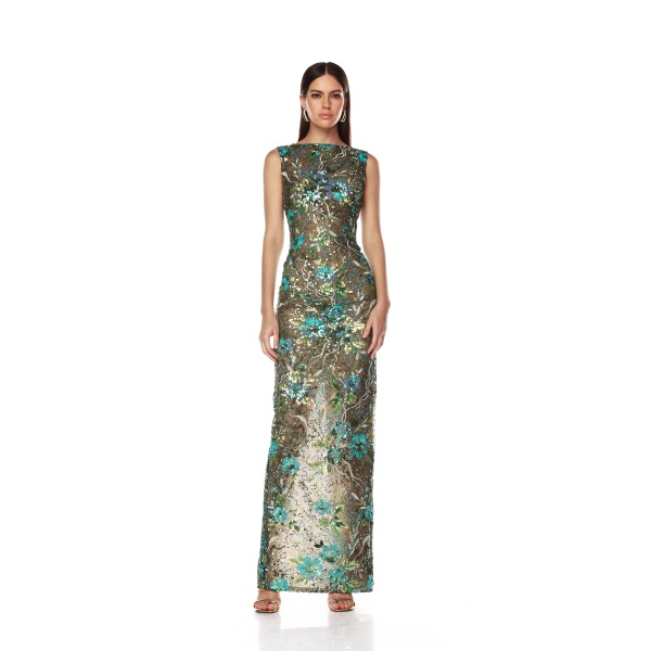 Bronx and Banco Green Violet Teal Maxi Dress  a harmonious blend of structured elegance and timeless sophistication