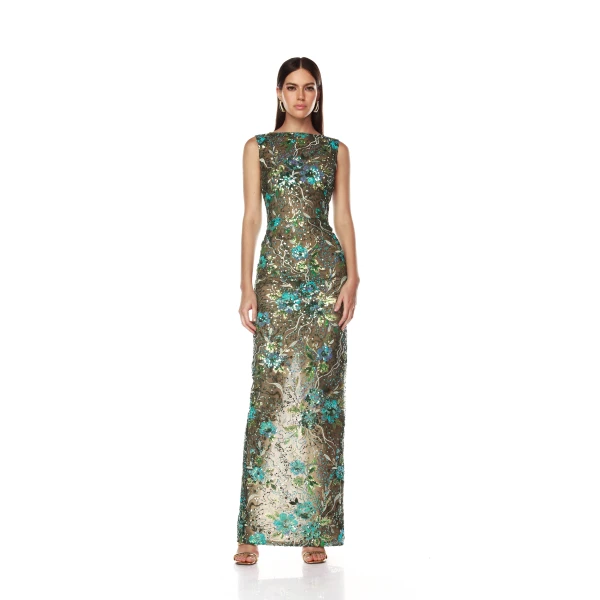 Bronx and Banco Green Violet Teal Maxi Dress  a harmonious blend of structured elegance and timeless sophistication