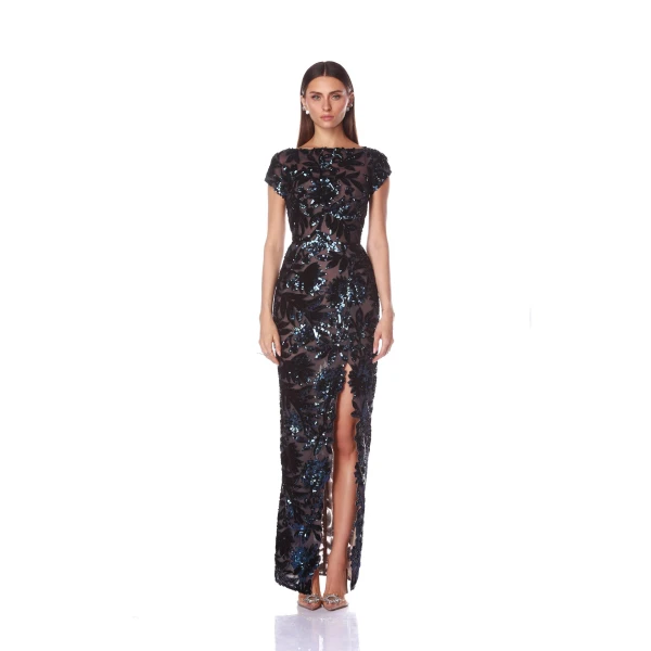 Bronx and Banco Red Zinna Embroidered Maxi Dress  a harmonious blend of structured elegance and timeless sophistication.