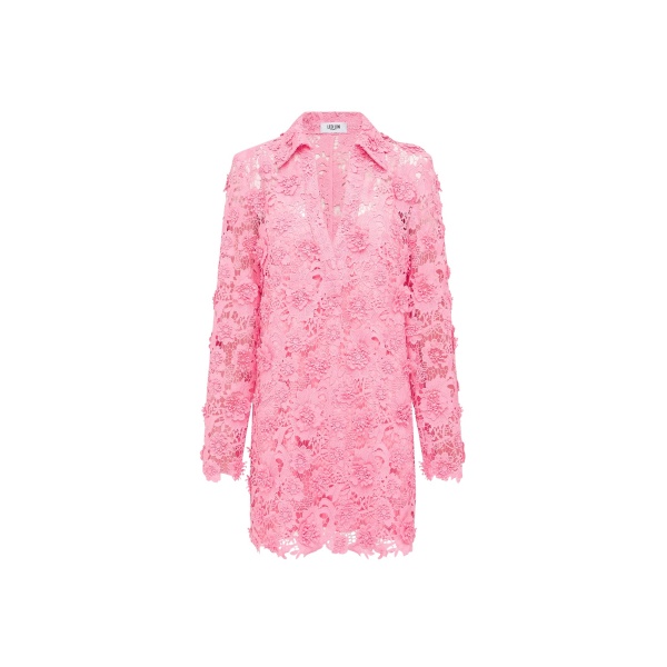 Leo Lin Acacia mini lace shirt dress in bubblegum pink with structured silhouette — shop designer exclusives at Luxury Shoes 