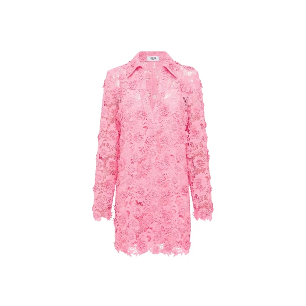Leo Lin Acacia mini lace shirt dress in bubblegum pink with structured silhouette — shop designer exclusives at Luxury Shoes 