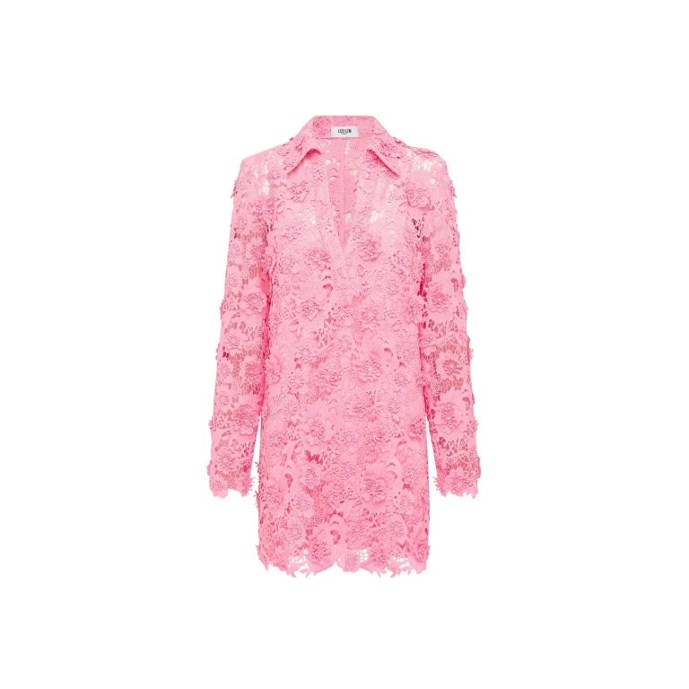 Leo Lin Acacia mini lace shirt dress in bubblegum pink with structured silhouette — shop designer exclusives at Luxury Shoes 