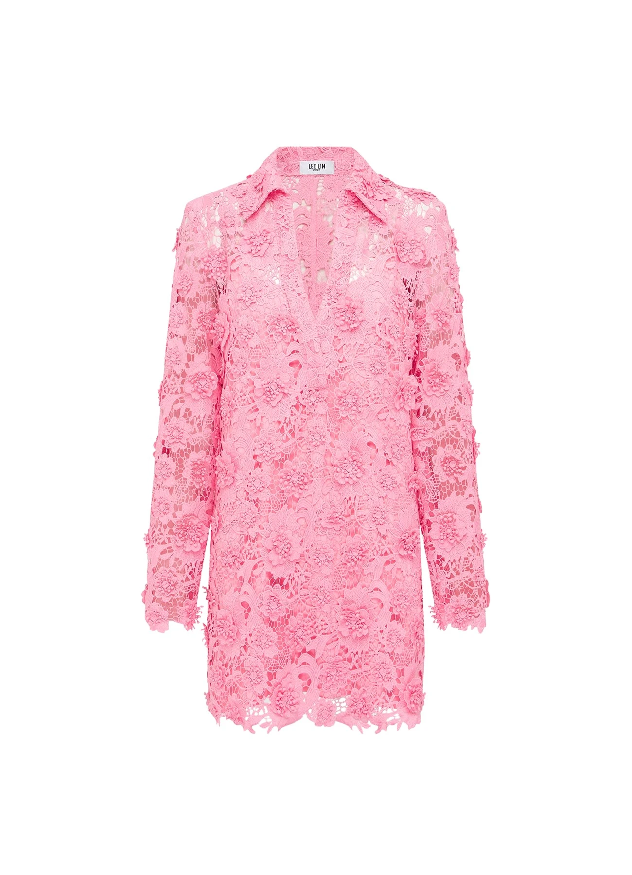 Leo Lin Acacia Mini Dress – Bubblegum Pink Lace Shirt Dress | Luxury Shoes Leo Lin Acacia mini lace shirt dress in bubblegum pink with structured silhouette — shop designer exclusives at Luxury Shoes
