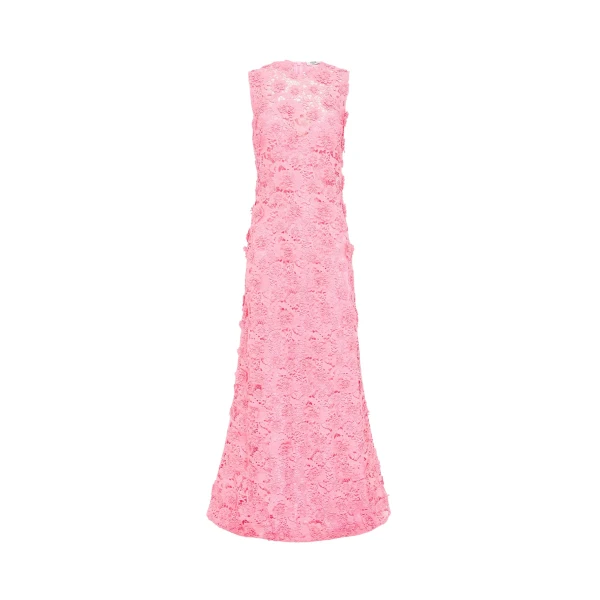Leo Lin Eva pink sleeveless lace maxi dress with tiered skirt and embroidered floral details — romantic designer fashion at Luxury Shoes 