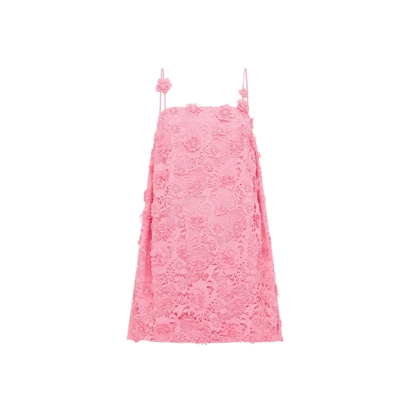 Leo Lin Fifi pink lace mini dress with bell sleeves and floral embroidery — shop feminine designer looks at Luxury Shoes 