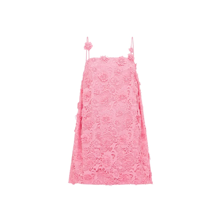 Leo Lin Fifi pink lace mini dress with bell sleeves and floral embroidery — shop feminine designer looks at Luxury Shoes 