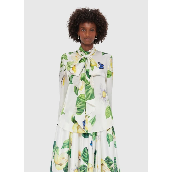 one can almost feel the sensation of sunshine through the fabric. - Tie Neck Silk Blouse - Joie Print in Snow from Luxury Shoes 