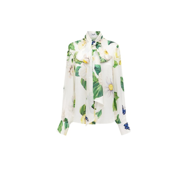 Leo Lin Freya white blouse with long sleeves and tie-neck detail — classic designer staple available at Luxury Shoes 